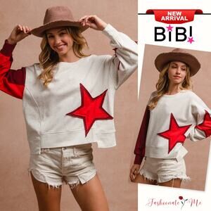 BiBi Star Patch Detail Spliced Hem French Terry Long Sleeves Sweatshirt | Ivory